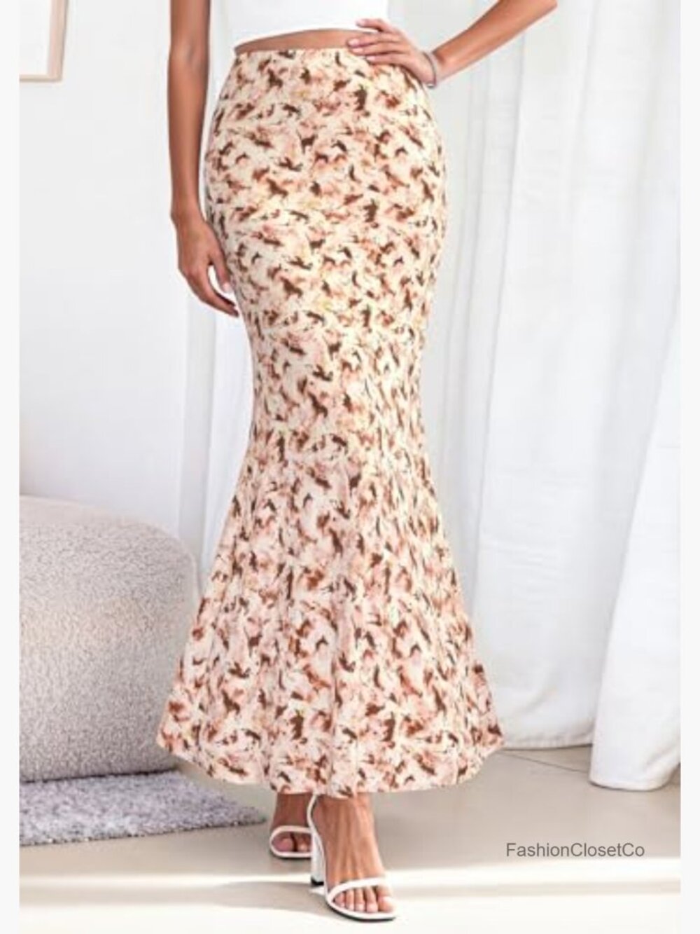 Women's Maxi Skirt High Waisted Mermaid Ruffle Flowy Office Work Long Slip Skirt - Picture 2 of 7